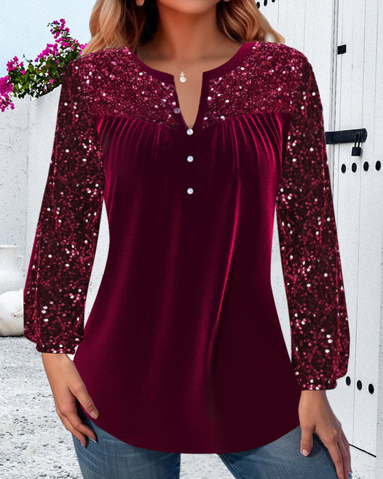 V-neck pleated sequined elegant top