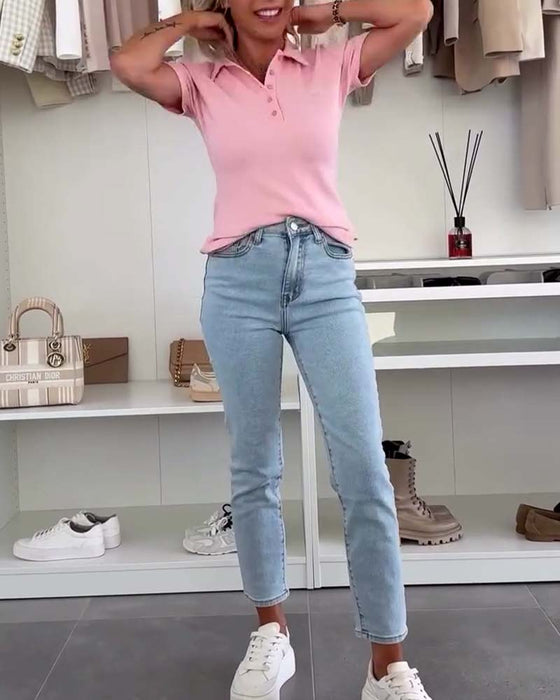 Lapel Polo Shirt Solid Color Slim Fit T-Shirt