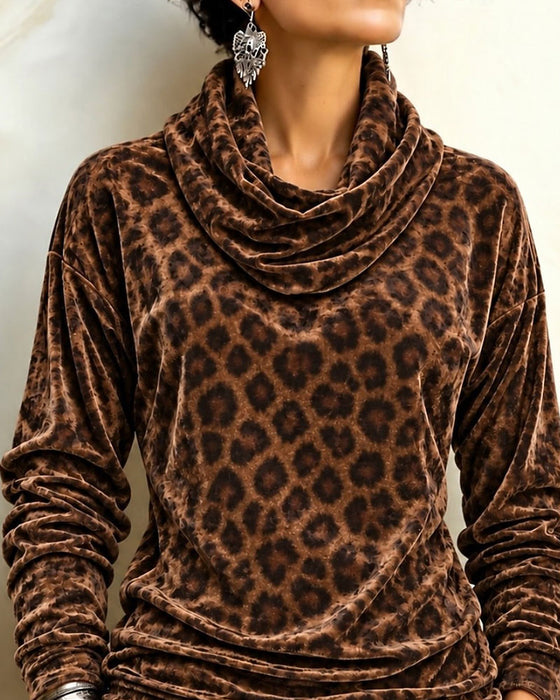 Leopard Print Turtleneck Velvet Long-Sleeve Top