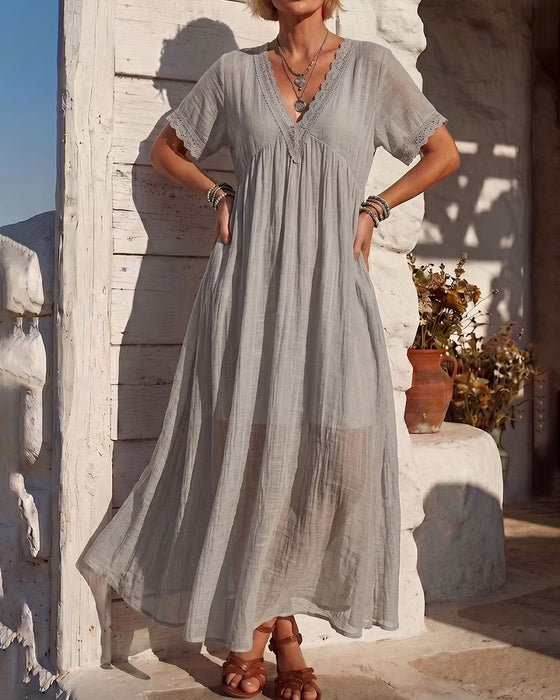 V-Neck Ruched Lace Patchwork Dress