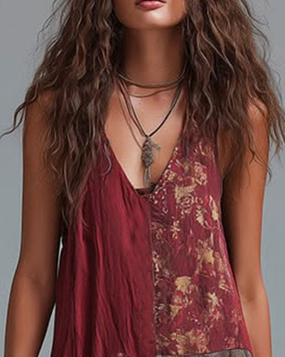V-Neck Sleeveless Contrast Print Jumpsuit