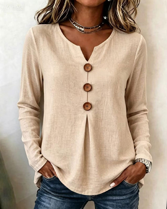 Solid Color V-Neck Buttoned Smocked Top