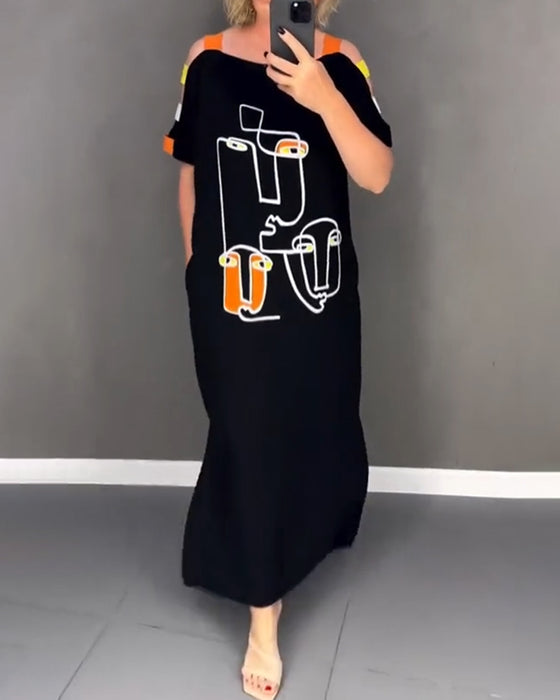 Cold Shoulder Hollow Print Slit Dress