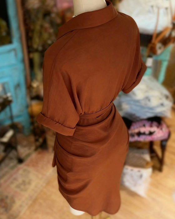 Tie Button Pleated Shirt Collar Dress