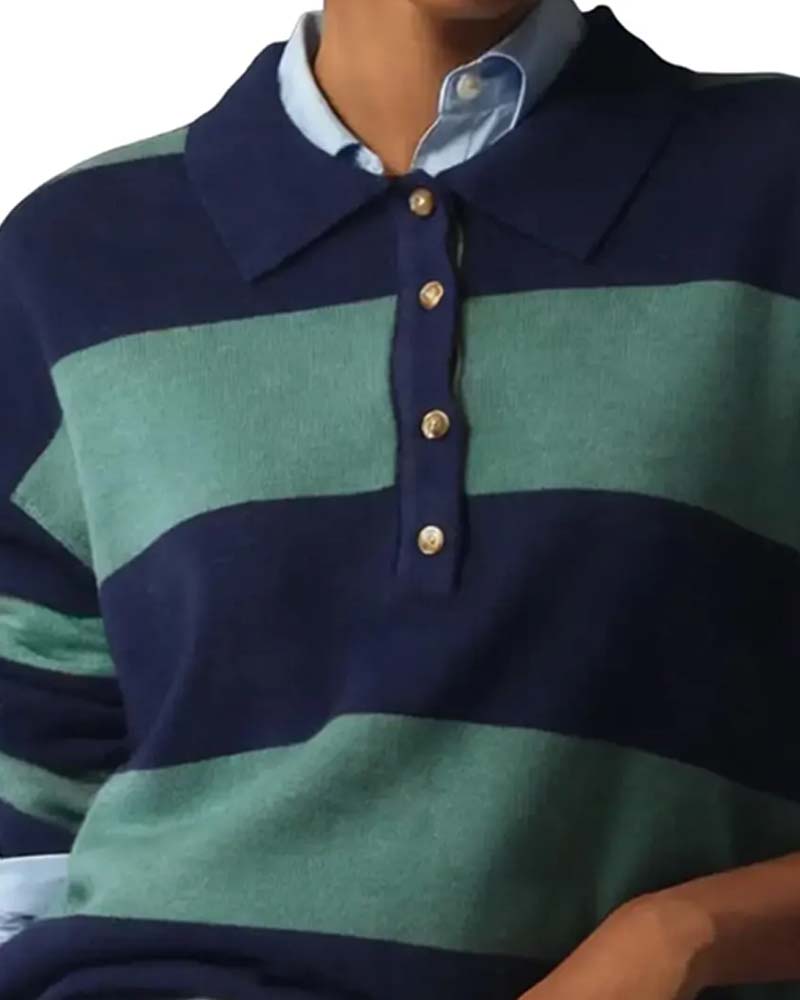 Wide Striped Buttoned Lapel Pullover