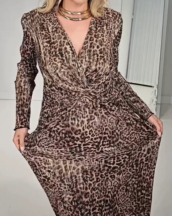 V-Neck Cross Leopard Print Ruched Dress