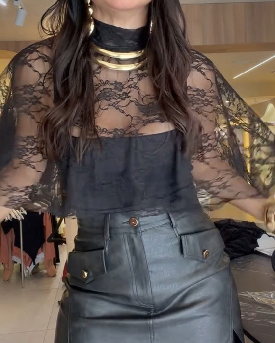 High Neck Lace Sheer Sexy Blouse