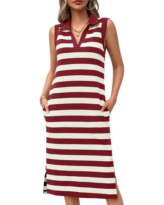 Stripe V-Neck Polo Collar Casual Dresses