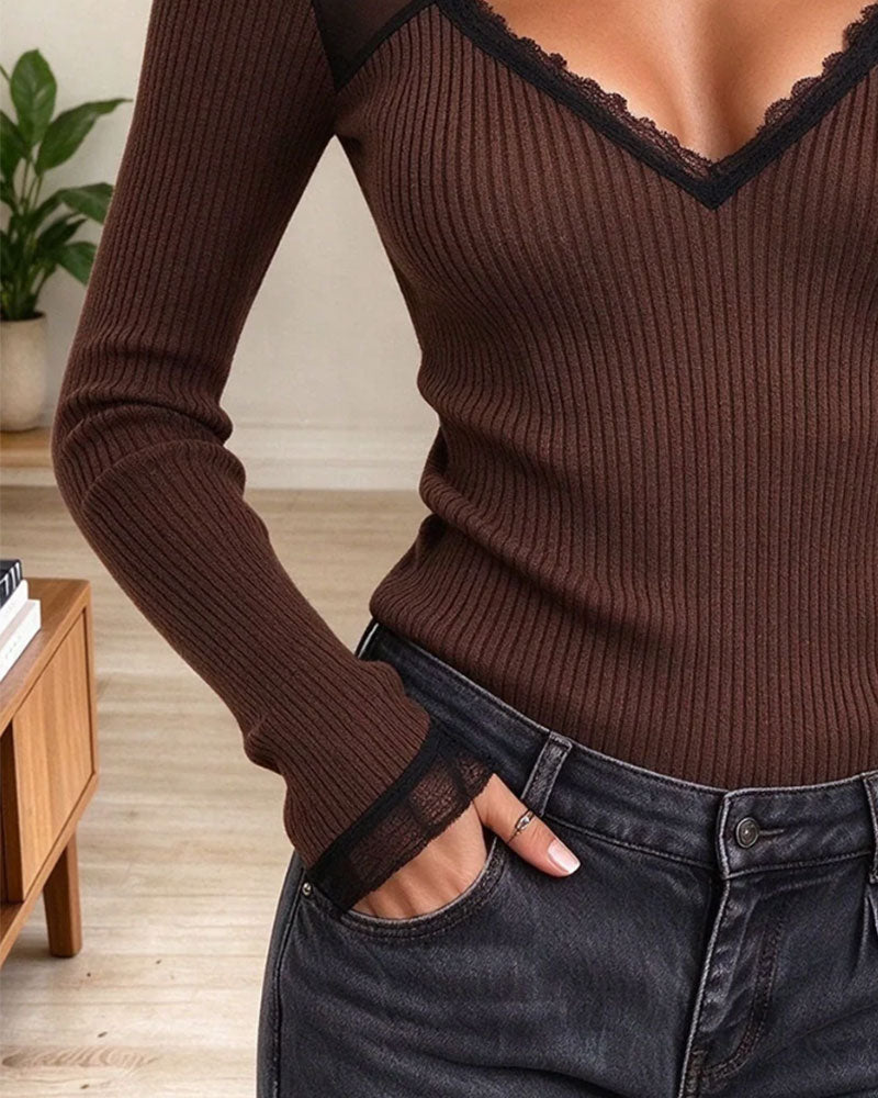 Mesh Half-High Collar Hollow Ribbed Top
