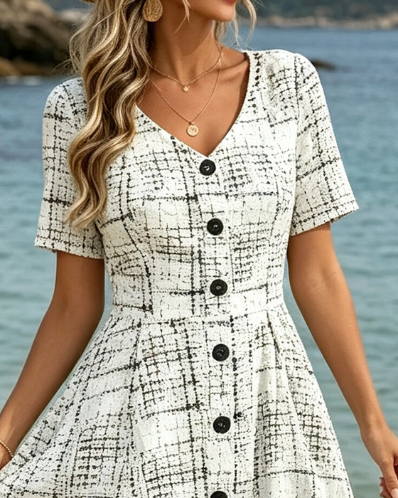 V-Neck Plaid Button Ruffle Dress