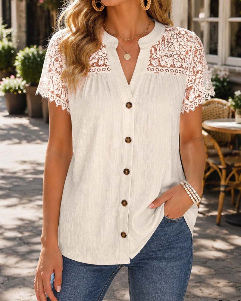 V-Neck Button Lace Panel Blouse