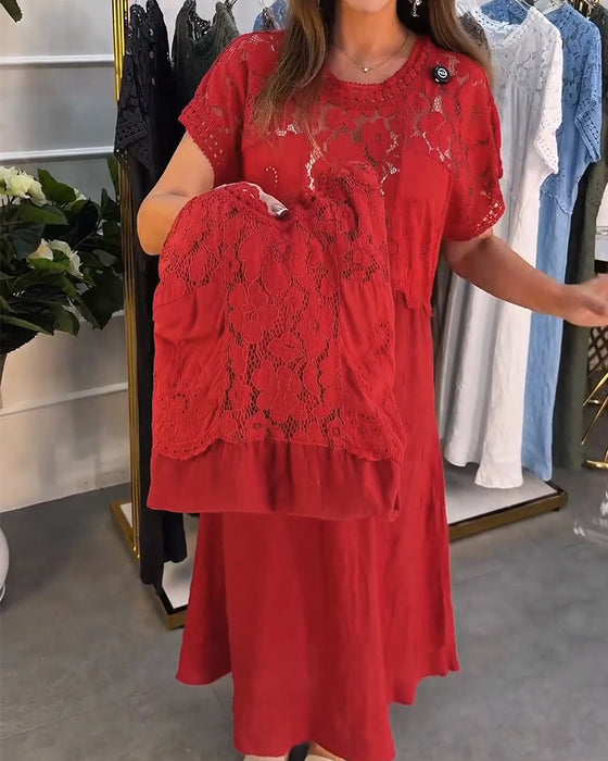 Elegant Lace Trim Patchwork Maxi Dress