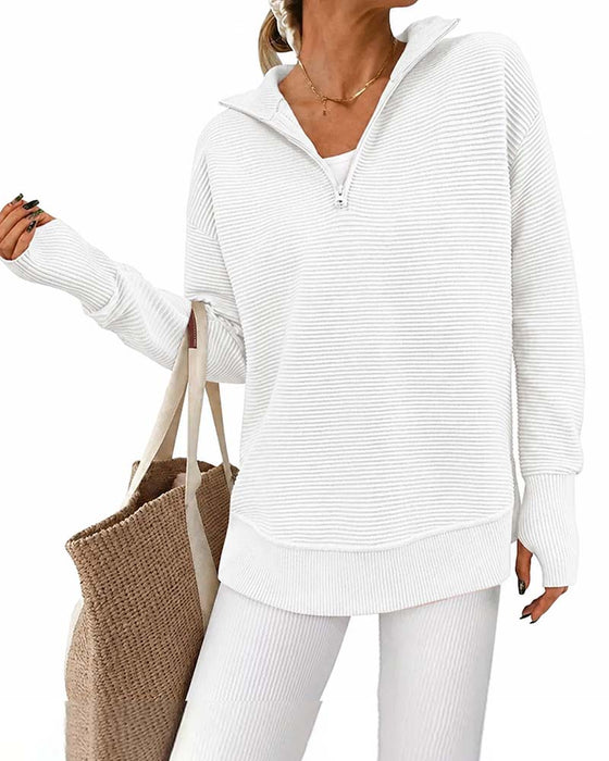 Collared Zipper Striped Long-Sleeve Sweatshirt