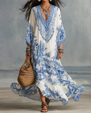 V-Neck Bohemian Flared Asymmetric Dress