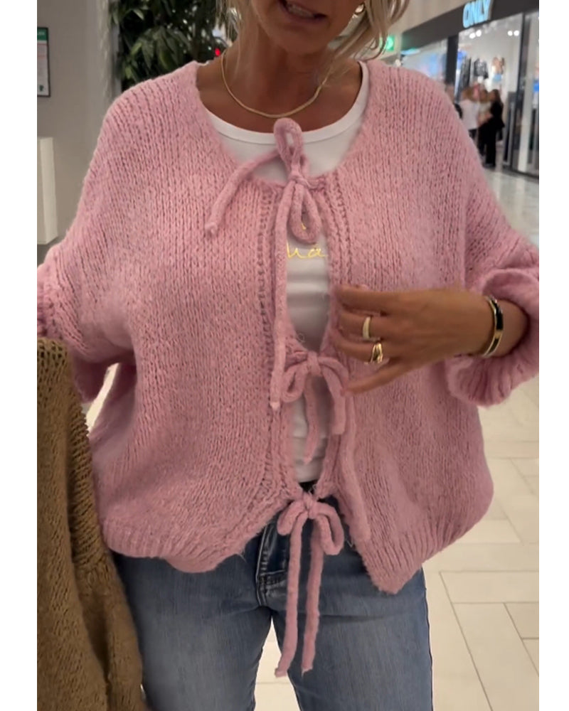 Casual solid color lace-up long-sleeve cardigan