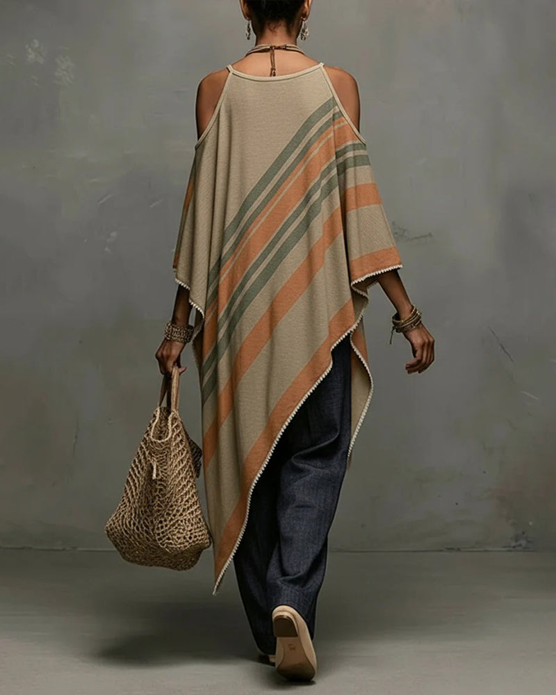 Striped Halter Off-Shoulder Asymmetrical Blouse