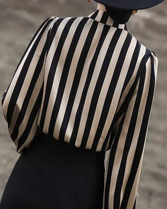 Drape Stand Collar Striped Blouse