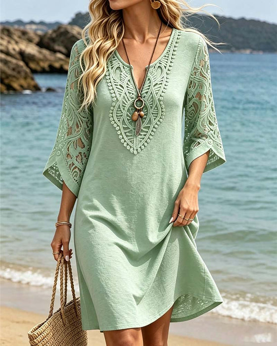 V-Neck Lace Solid Color Dress