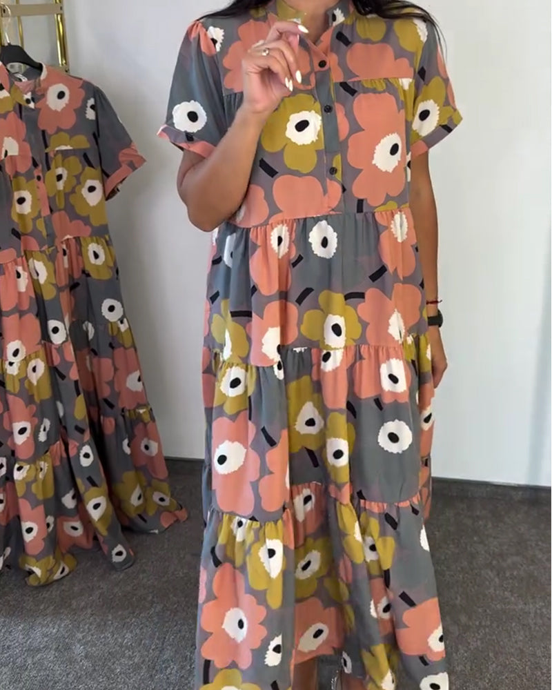 Mandarin Collar Print Layered Dresses