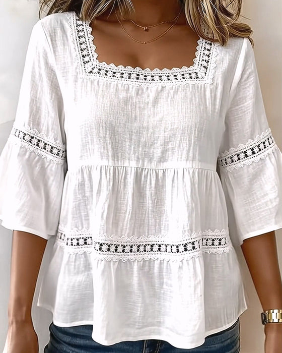 Short-Sleeve Lace-Paneled Square-Neck Blouse