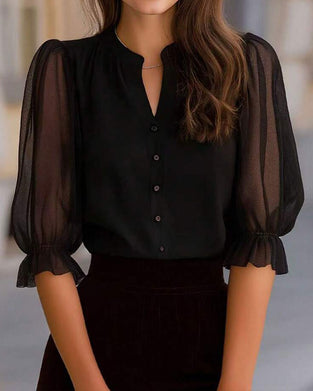 V-Neck Button Solid Blouse