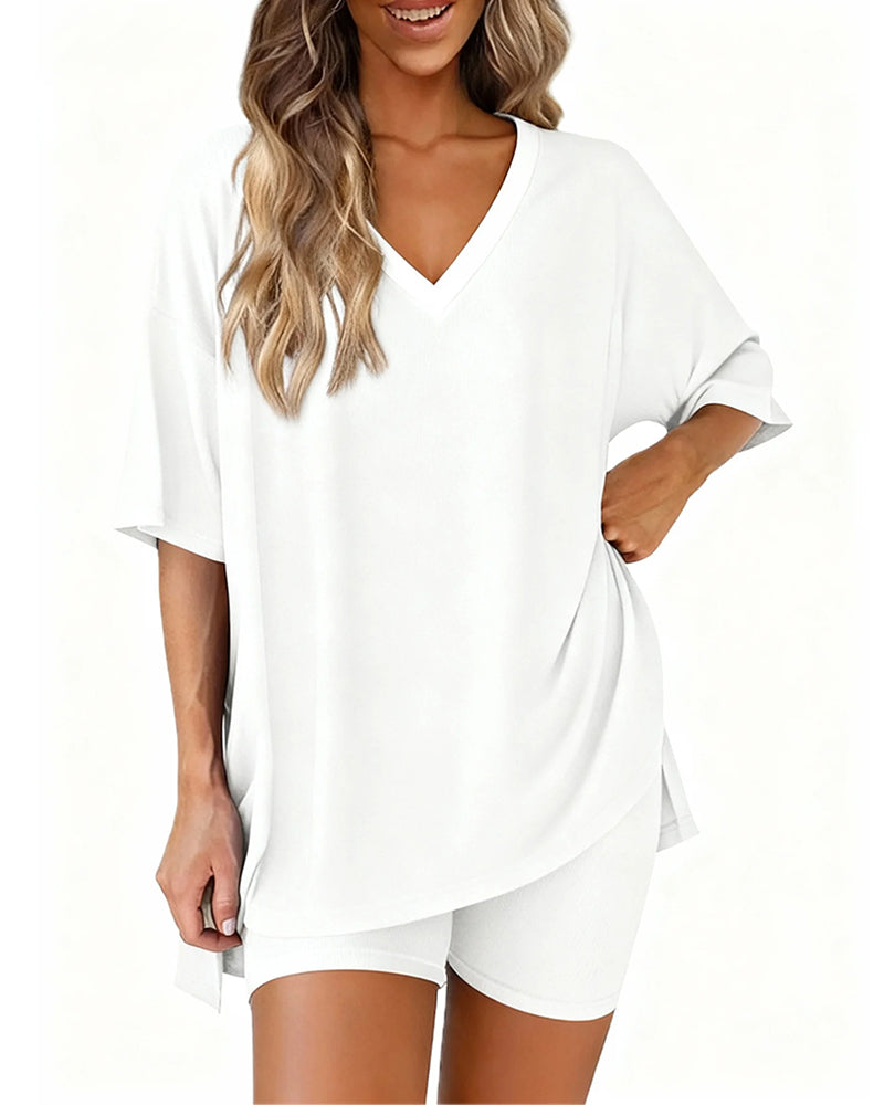 Relaxed Solid V-Neck Two-Piece Set
