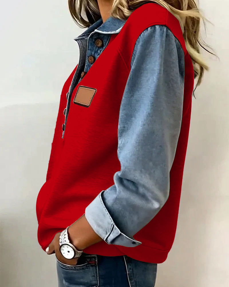 Stylish Denim Patchwork Long-Sleeved Sweatshirt