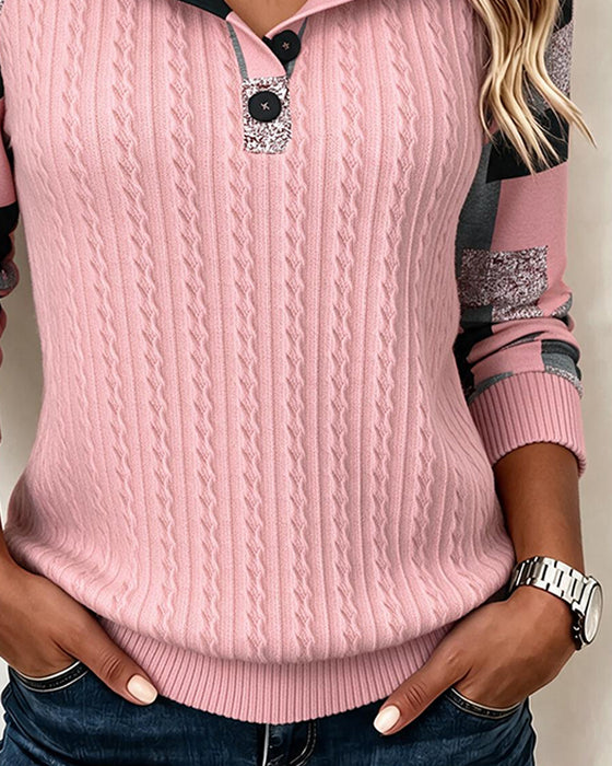 Color Block Henley Collar Long-Sleeve Buttoned Sweatshirt
