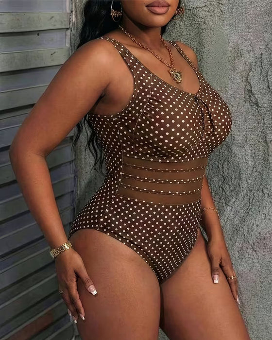 Lace-Up Polka-Dot Mesh One-Piece