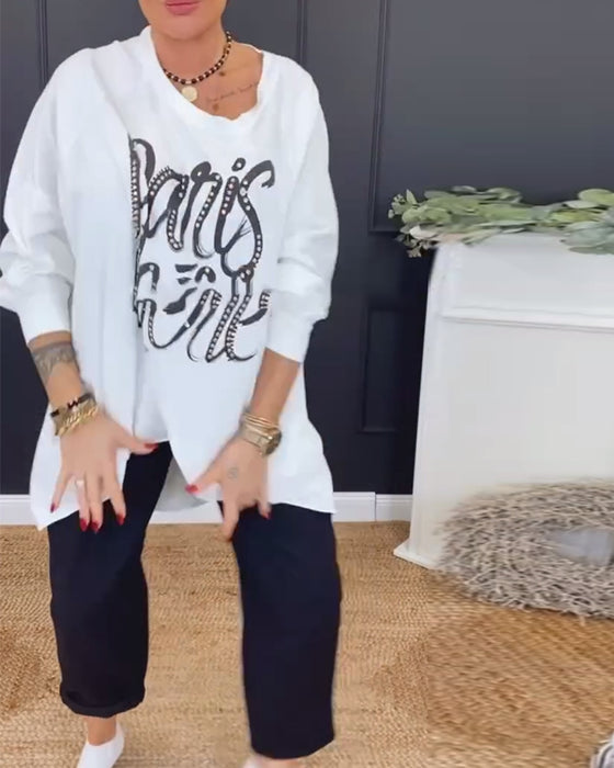 Round Neck Irregular Letter Print Top