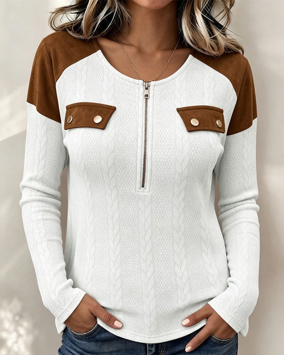 Crew Neck Zip Color-Block Top