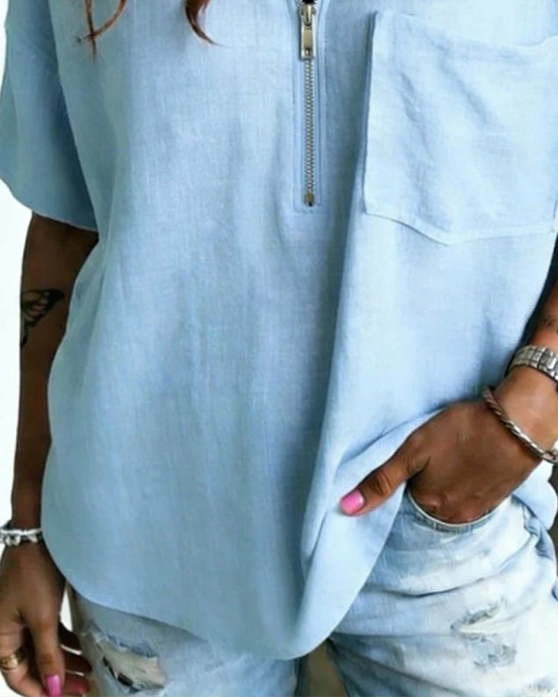 Half Zip Lapel Short Sleeve Shirt