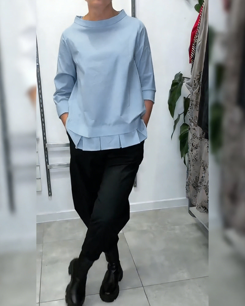 100% Cotton Wide-Collar Solid Color Casual Blouse
