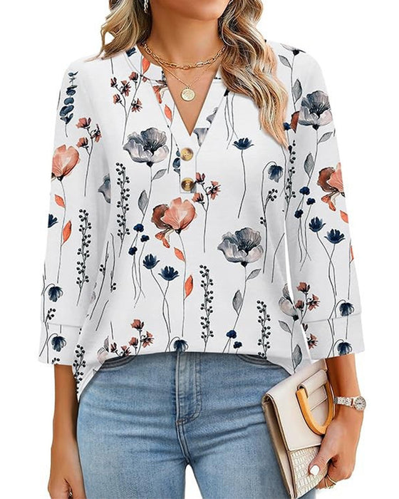 V-Neck Buttoned Three-Quarter Sleeve Blouse