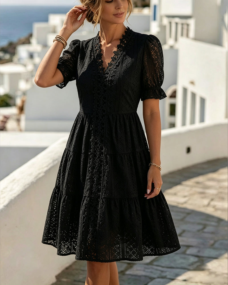 Puff Sleeve V-Neck Lace A-Line Dress