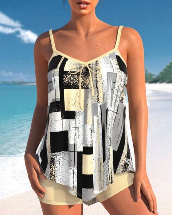 Lace-up printed tankini swimsuit