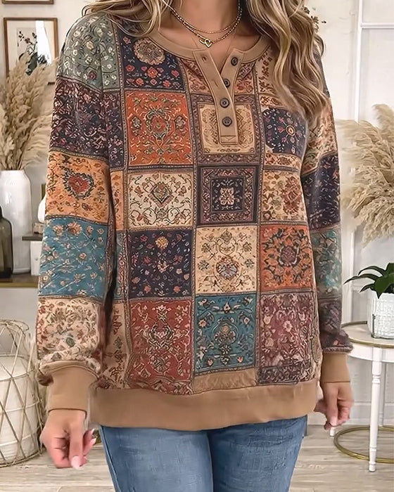 Round Neck Buttoned Plaid Contrast Sweatshirt