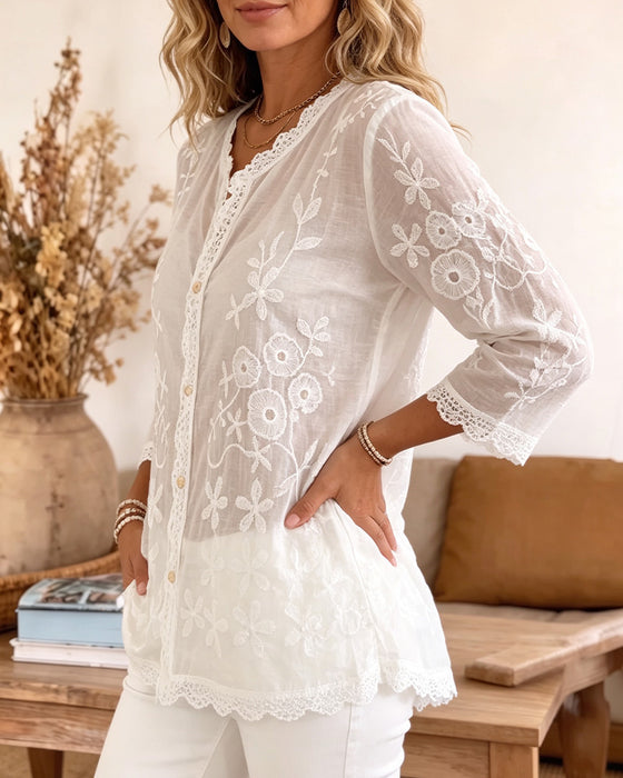 Casual Mid-Length Sleeve V-Neck Blouse
