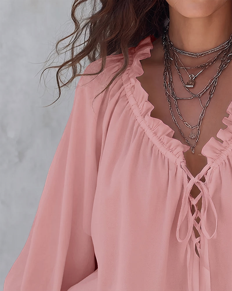 V-neck Lace Up Blouse