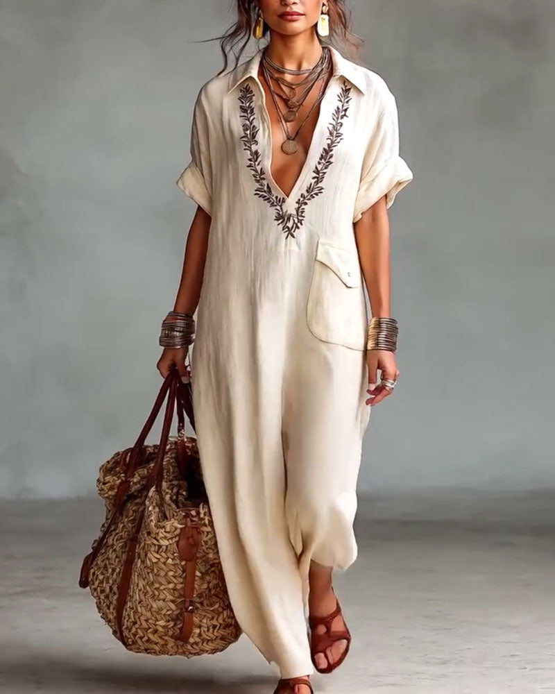 Deep V-Neck Print Casual Maxi Dress