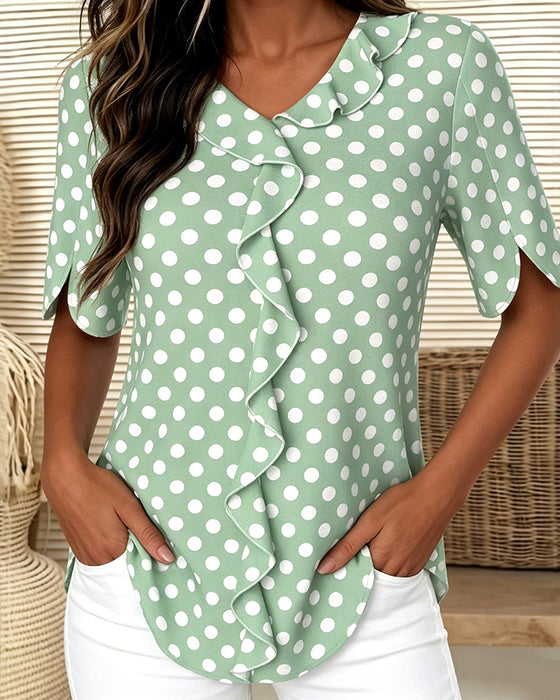 Polka Dot Ruffle V-Neck Blouse