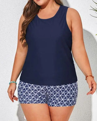 Crewneck Sleeveless Geometric Print Boy Shorts Tankinis
