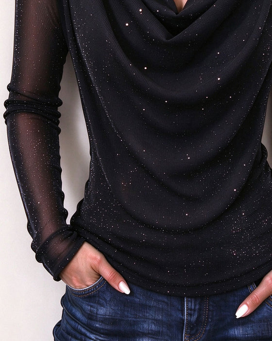Shimmer Cowl Neck Mesh Long Sleeve Top