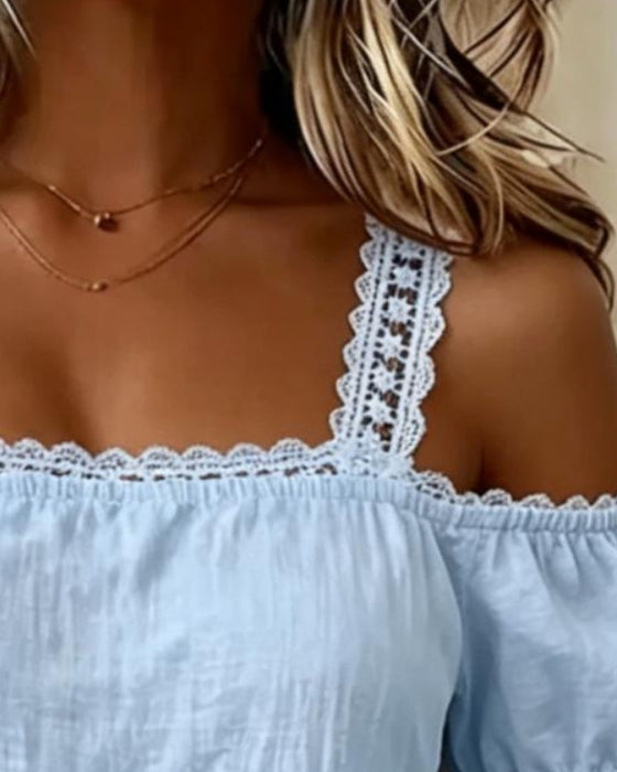 Lace Patchwork Strap Cold Shoulder Blouse