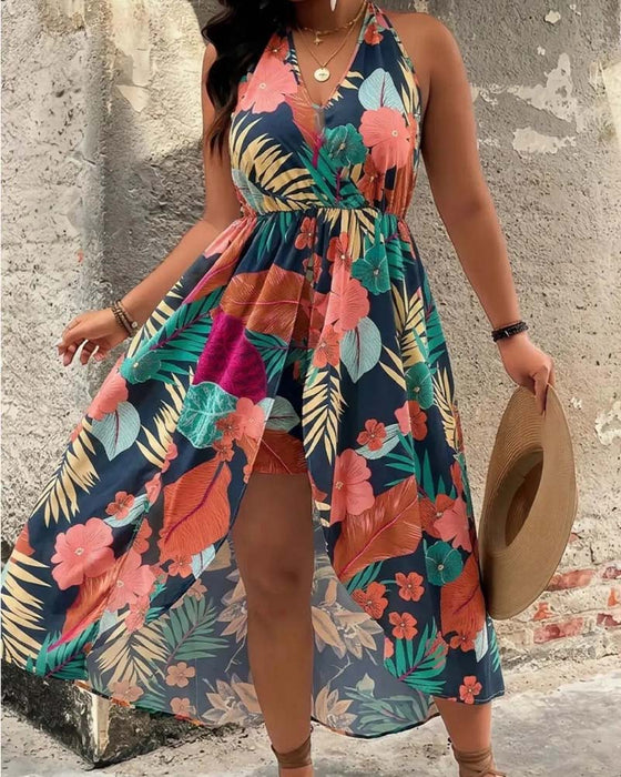 V-Neck Halter Sleeveless Dress + Shorts Set