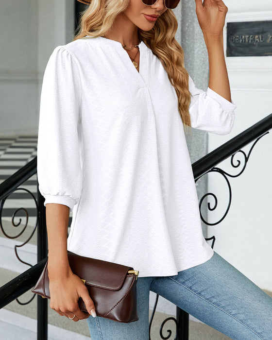 Solid color v-neck jacquard blouse