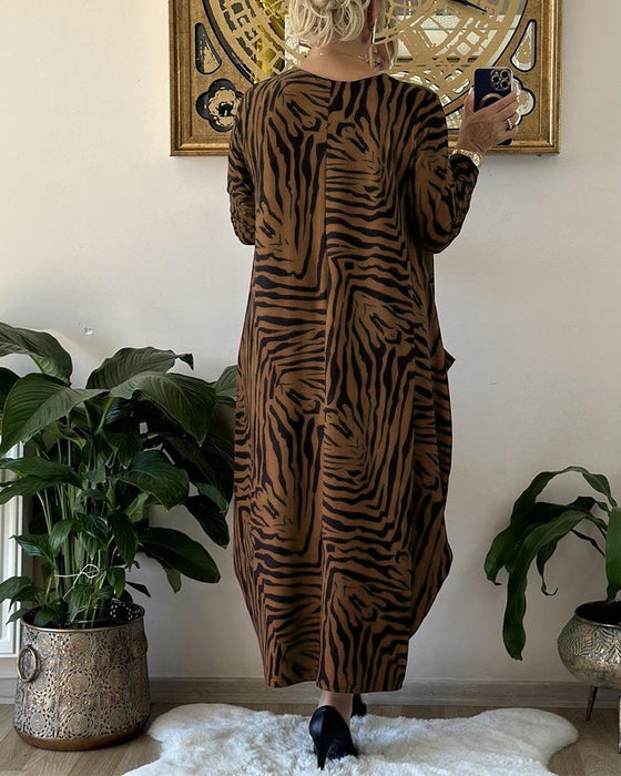 Fashion Loose Shift Dress with Print and Pocket