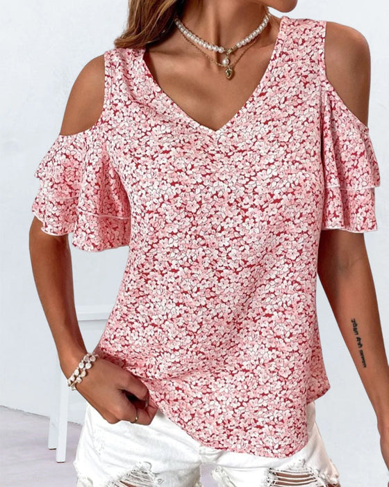 Cold Shoulder Floral Print  T-shirt
