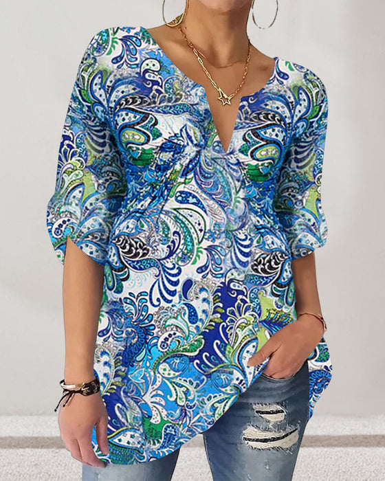 V-neck printed half-sleeved top