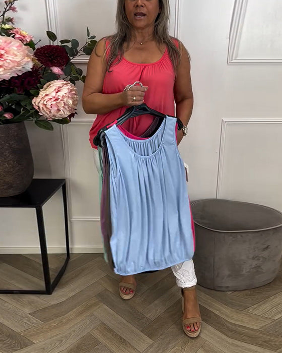 Sleeveless Solid Color Pleated Tank Top